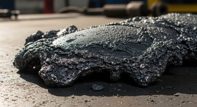 Closeup of molten metal slag cooling on a workshop workbench