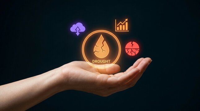 Conceptual image of a hand holding digital icons representing drought, water scarcity, and climate change data for environmental risk management.