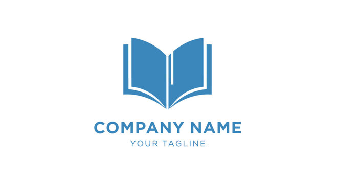 A blue logo with an open book.