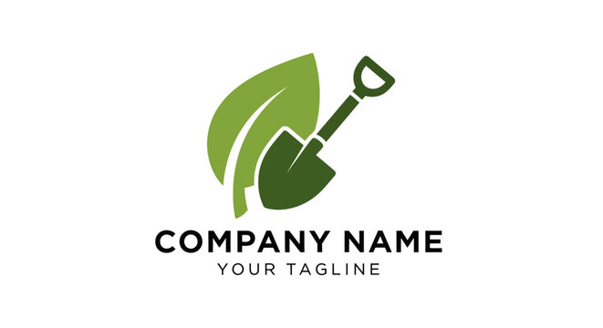 Green leaf and shovel company logo template.