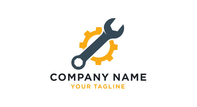 Logo design with wrench and gear.