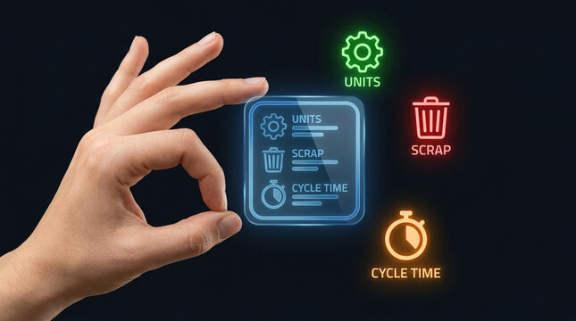 Hand Holding Digital Dashboard Showing Manufacturing KPIs Including Units Produced, Scrap Reduction and Cycle Time Optimization for Industry 4.0