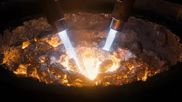 Closeup medium shot focusing on electrode tips within a hybrid electricoxygen furnace highlighting sparks and electric arcs in hightemperature smelting