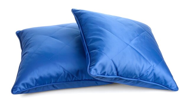 Two shiny blue square pillows rest on white background, textured with diamond quilting, suggest comfort and relaxation
