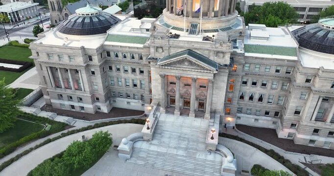 Close aerial view highlights central entrance