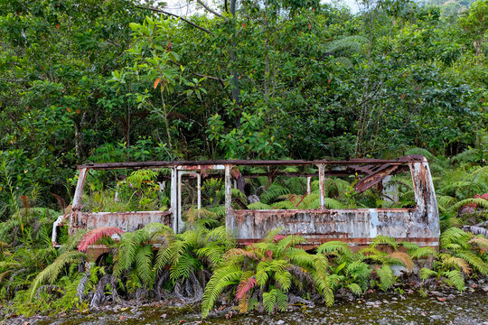 Old abandoned van overgrown by forest trees in Panguna mine town in Bougainville, Papua New Guinea