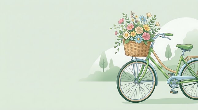 Green vintage bicycle with blooming flower basket in a park