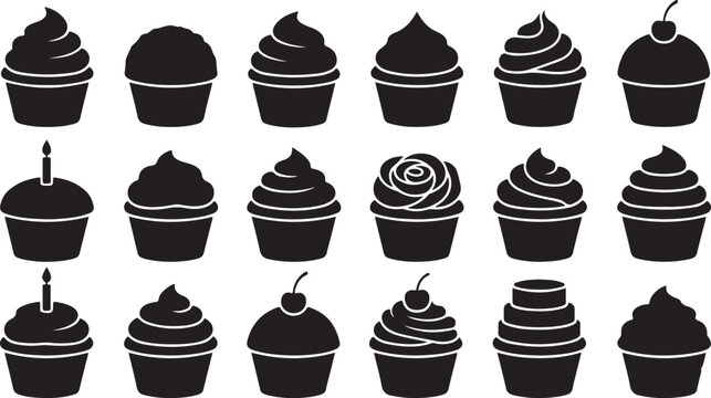Minimalist birthday cake and cupcake vector silhouette collection. Featuring multi-tier celebration cakes, elegant cake stands, pastry slices, sweet muffins, and party candles. Clean solid black baker