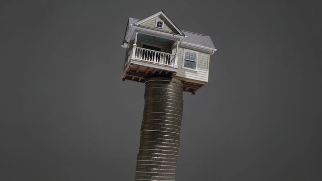 Unstable housing market investment represented by miniature house model collapsing on wobbly stack of coins symbolizing risky mortgage, financial crisis and real estate bubble
