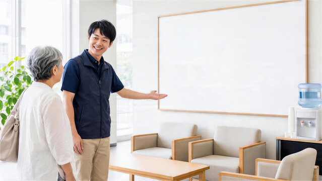 公共施設で高齢者に涼み処を案内する男性スタッフ