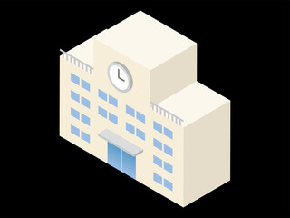 Naklejka premium Modern 3D Isometric School Building Vector Illustration: High Contrast Education Icon for Dark Mode EdTech, Smart City, and Tech UI on Black Background