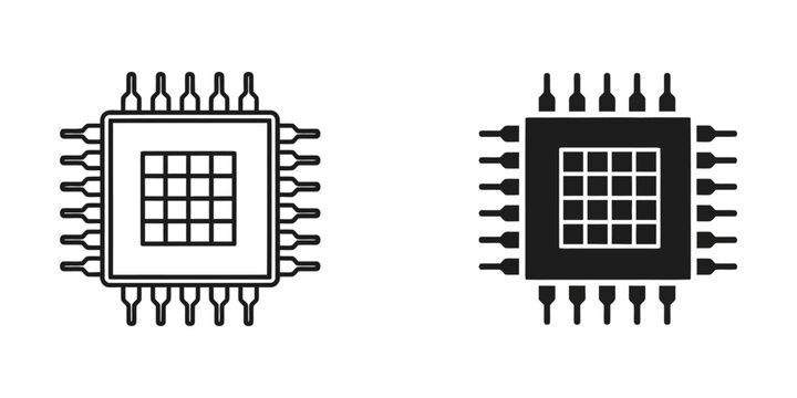 Integrated circuit microprocessor chip icon set with processor microprocessor technology hardware