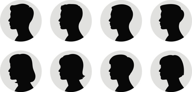 Head, avatar face person icon, male and female profile symbols representing users contacts accounts and community identity for digital platforms.