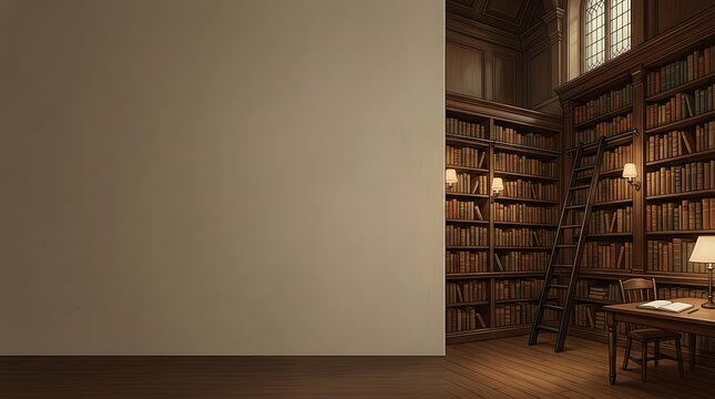 Antique library room with wooden bookshelves and empty wall mockup