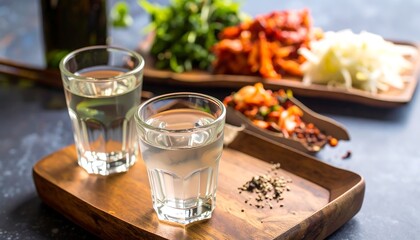 Fototapeta premium Two shot glasses with a clear liquid on a wooden tray next to various Asian dishes in the background
