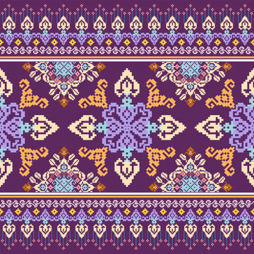 Cross stich ethnic design Traditional, tribal, aztec, pixel art pattern vector illustraton design for fabric, print, wrap, background.