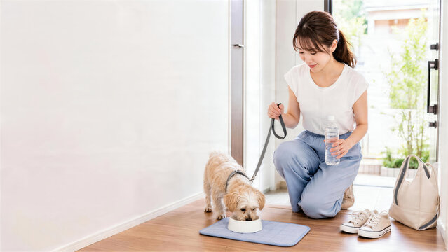 玄関で犬の散歩前に水を用意するペットの暑さ対策