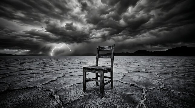 Lone wooden chair on cracked salt flats during a lightning storm