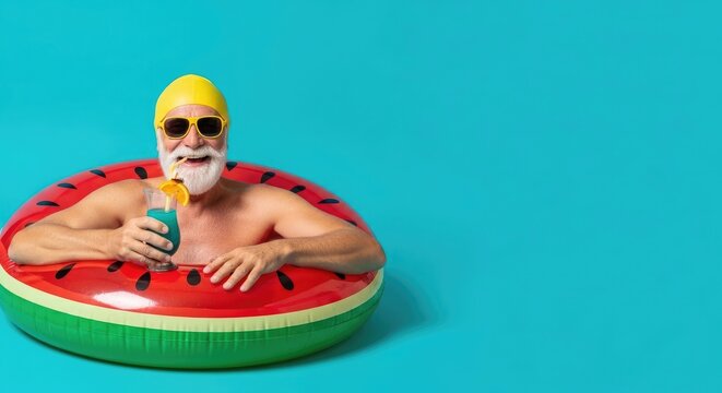 Refreshing summer drinks for a cool you man enjoying a blue cocktail on a watermelon float