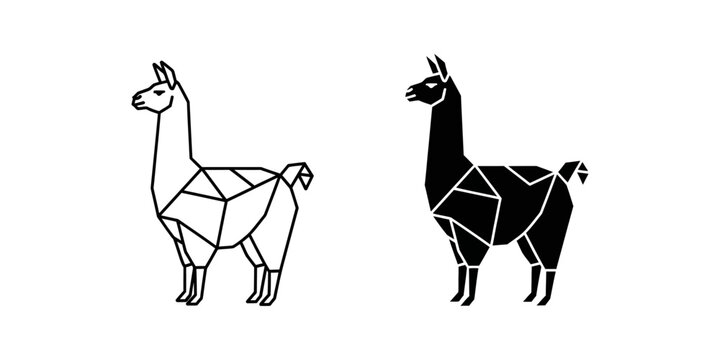 Geometric llama animal icon set in line art and solid black silhouette styles with geometric, silhouette