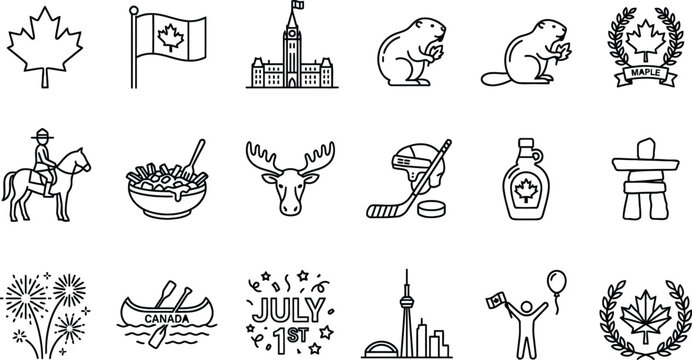 Canadian symbols and icons collection line art vector illustration