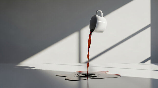 Spilled coffee flowing upward from a white cup on a modern desk, representing reversed negative trends and sudden business turnaround.