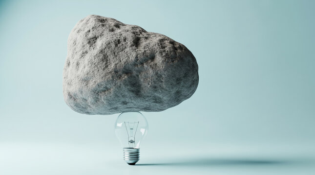 Heavy concrete boulder balancing on a fragile glass lightbulb representing impossible business balance and structural resilience.