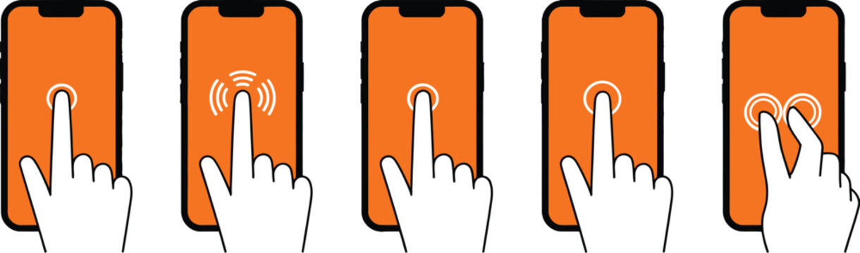 Smartphone, touch screen, finger gestures icons, tap swipe scroll drag and pinch to zoom symbols for mobile interaction and user interface design.