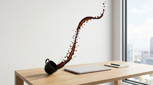 Spilled coffee flowing upward from a white cup on a modern desk, representing reversed negative trends and sudden business turnaround.