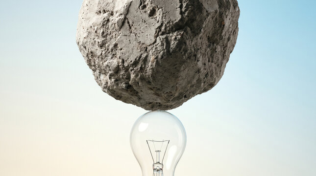 Heavy concrete boulder balancing on a fragile glass lightbulb representing impossible business balance and structural resilience.