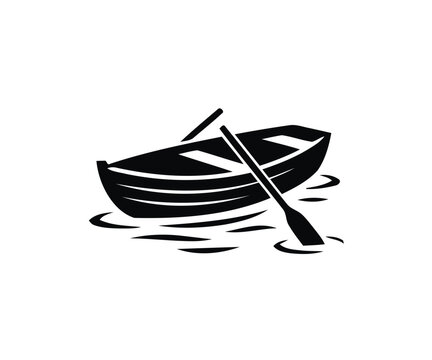 Wooden boat with oars vector silhouette icon