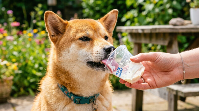 Dog cup yogurt licking hand garden pet canine snack plastic cup, brown dog licking yogurt cup from human hand in sunny outdoor garden with chair, flower, collar, relaxed expression