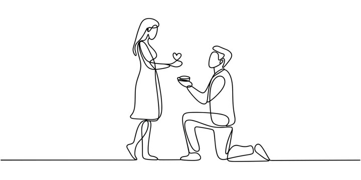 Man kneeling and proposing to woman with heart shaped ring box proposal man proposing heart shaped box continuous  one line drawing