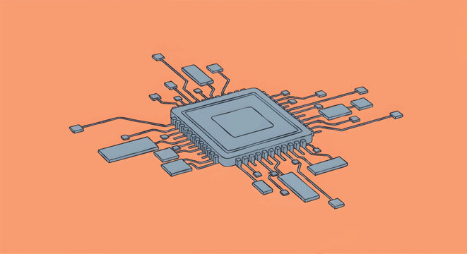 Isometric Microchip Processor Illustration on Orange Background - Minimalist CPU Computer Hardware and Technology Concept Art