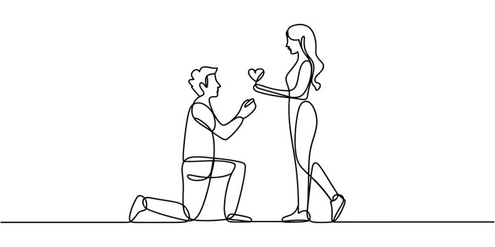 Man kneeling down proposing to woman with heart shaped ring proposal engagement continuous one line drawing