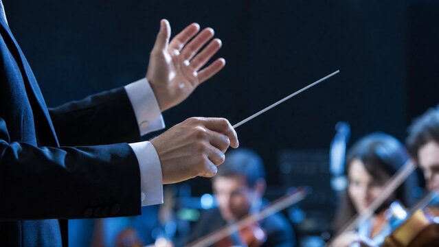 Close-up of Orchestra Conductor Hands Leading a Symphony Performance