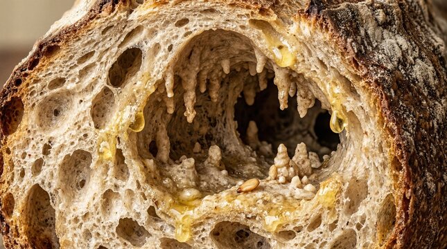Extreme close-up artisan bread interior showing large air pocket, golden liquid dripping, single pine nut on abstract cave-like surface.