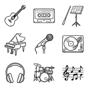 Collection of Hand Drawn Musical Instruments and Equipment Icons.