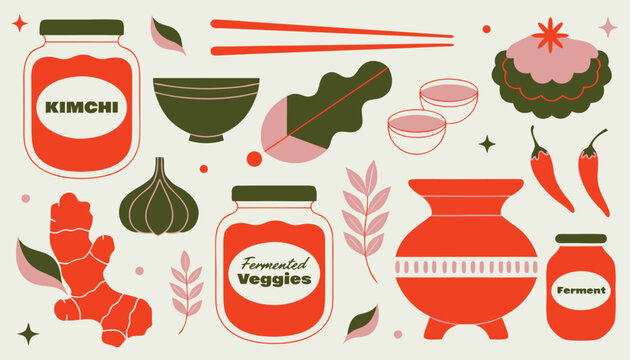A vibrant illustration of various kimchi jars and fermented vegetables with utensils and spices on a table.