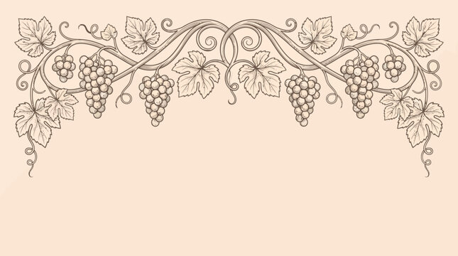 Decorative grapevine border with grape clusters and leaves on a warm beige background, vintage botanical ornament for invitations, borders, frames, and elegant stationery.
