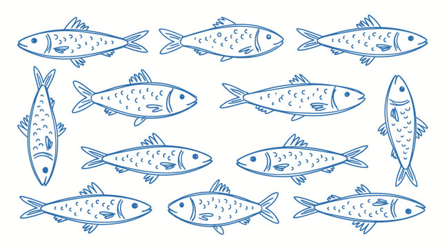 A collection of detailed blue illustrations of small schooling fish in various poses