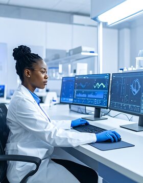 Female scientist working on computer screens.