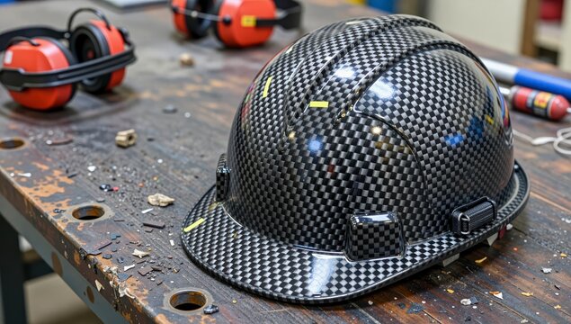 Carbon fiber hard hat sitting on a cluttered workshop workbench with red ear defenders in the background representing industrial safety and professional protection equipment