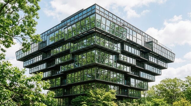 Close-up glass building unique architectural design appears to Modern and lush