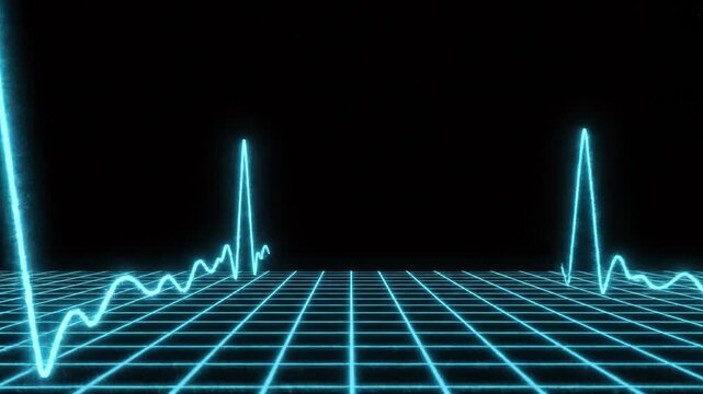 Retro Neon Cyan EKG Heartbeat Pulse on 3D Grid Black Background