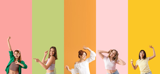 Set of happy women dancing on color background
