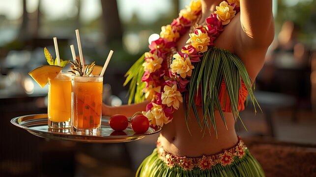 Woman in a traditional hula skirt and flower lei serving exotic cocktails on a silver tray  Summer Vibes