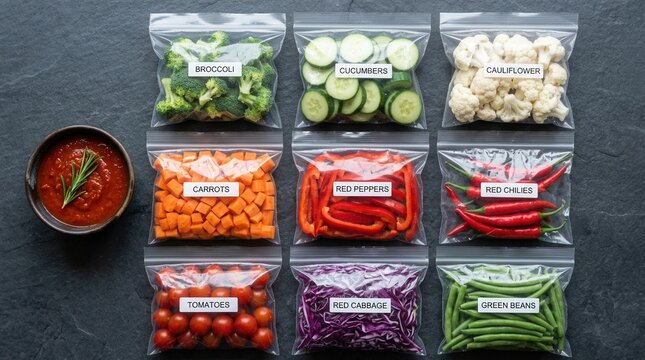 Collection nine transparent plastic bags filled different types Flat lay composition