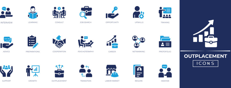 Outplacement solid icon set featuring employee transition, career coaching,  interview, learning, networking, and job networking vector symbols collection.