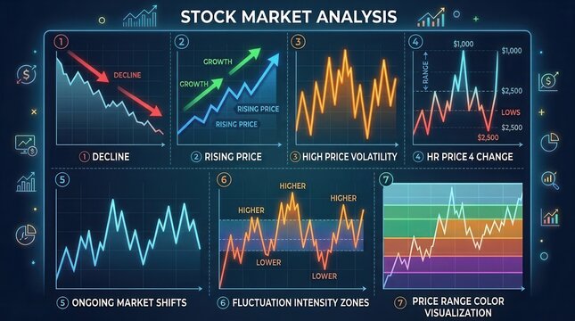 Digital illustration stock market chart divided into Financial data